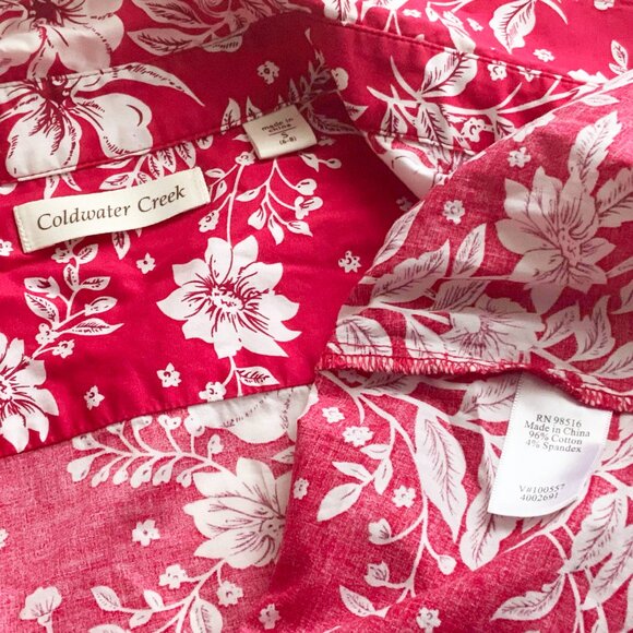 COLD WATER CREEK Size SMALL Red and White Floral 3/4 Sleeve Cotton Blend Blouse - Picture 10 of 10